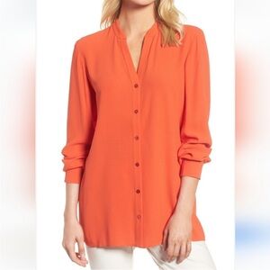 EILEEN FISHER 100% SILK BUTTON UP  V-NECK SIDE SLITS SHIRT RED/ORANGE SZ S